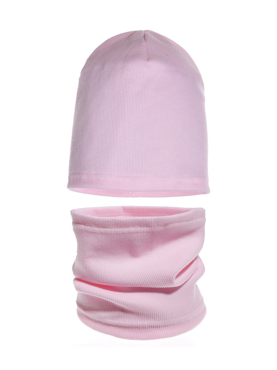Dziewczęcy komplet bawełniany czapka + komin prążek jasnoróżowy Ambra r.46/50
