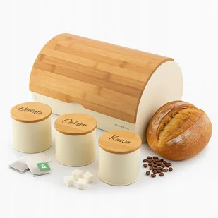 Chlebak + Pojemniki Nowoczesny Zestaw Kawa Cukier Herbata Stalowy Bambusowy - Herbata Chlebak + Pojemniki Nowoczesny Zestaw Kawa Cukier Herbata Stalowy Bambusowy - Herbata - miniaturka - grafika 1