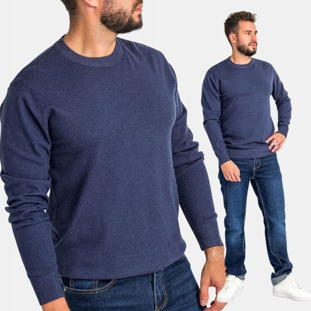 Sweter Męski z Wiskozą Dzianinowy Gładki Cienki Okrągły Dekolt Granatowy L