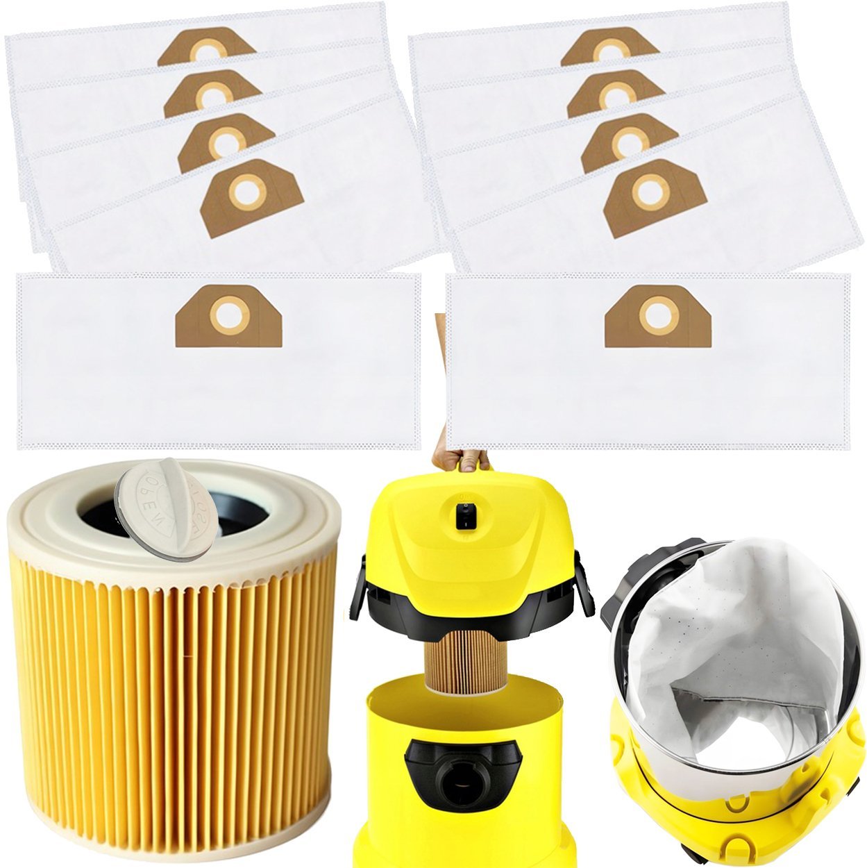 10x Worki Syntetyczne + Filtr do Odkurzacza KARCHER WD3 WD2 PLUS Zestaw