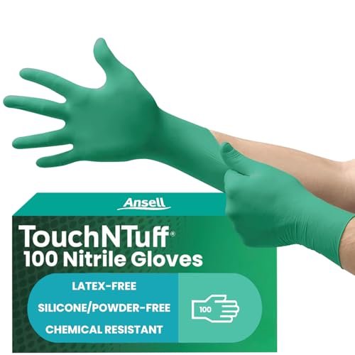 Ansell TouchNTuff 92-600,Wielofunkcujne rękawiczki jednorazowe z nitrylem,Bezpudrowe,Bez lateksu,Do przygotowywania żywności,Odporne na chemikalia,Ochrona mechaniczna,Zielone,L (100 rękawiczek)