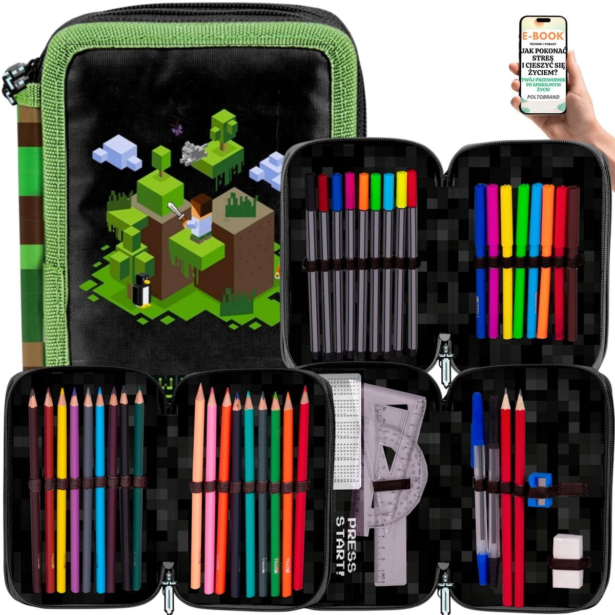 SZKOLNY PIÓRNIK GAMER 3-KOMOROWY PIKSELE GRA Z PEŁNYM WYPOSAŻENIEM – GRA, GRY, PIXEL DLA UCZNIA CHŁOPCA + EBOOK-1