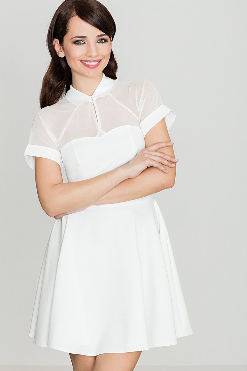 Elegancka sukienka koktajlowa mini rozkloszowana z kołnierzykiem i krótkim rękawem na zamek Lenitif - K399, ecru, XL