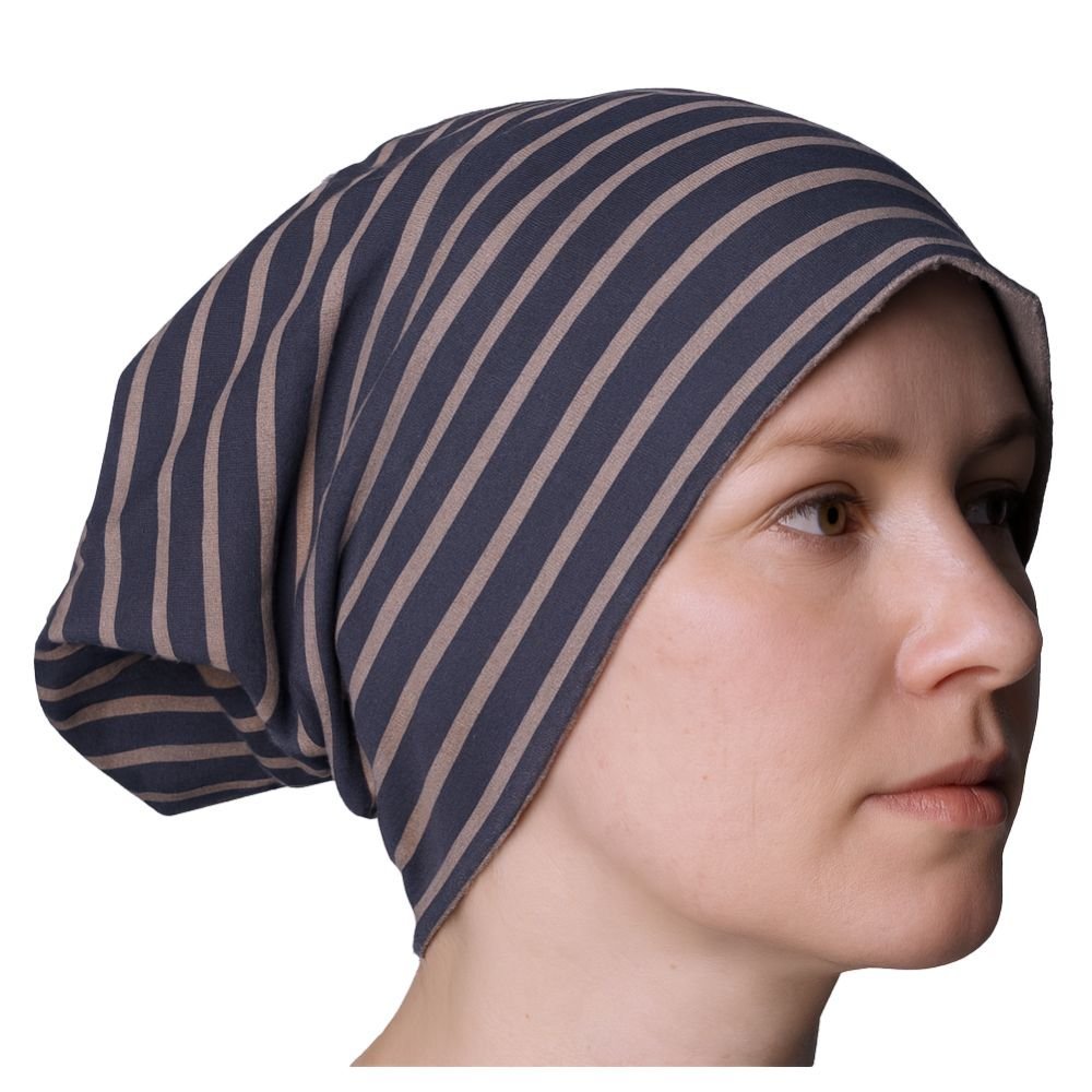 Czapka damska Beanie włoska cienka smerfetka granatowa w beżowe paski