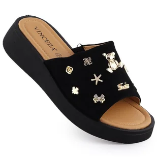 Skórzane klapki damskie na koturnie z ozdobami czarne Vinceza 66741 - Klapki i japonki damskie - miniaturka - grafika 1