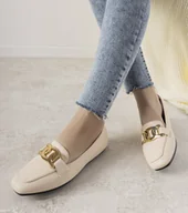 Botki damskie - Beżowe mokasyny z złotą ozdobą Hashtag-37 - miniaturka - grafika 1