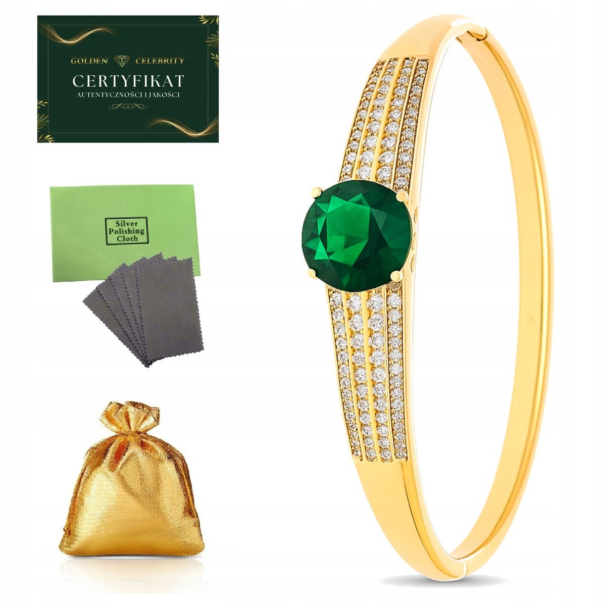 BRANSOLETKA ZŁOTA DAMSKA SZTYWNA Z SZMARAGDOWYM KAMIENIEM, CYRKONIE 18K