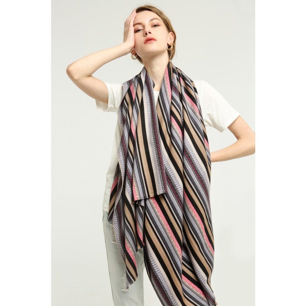 Elegancka bawełniana chusta damska w modne paski - fioletowo-beżowa 85x180