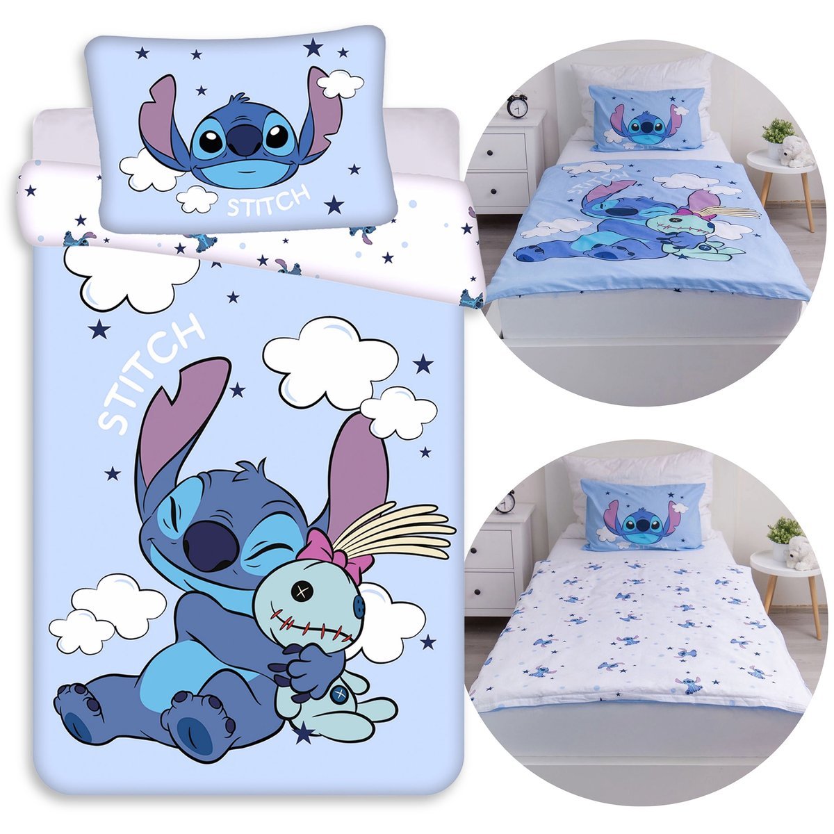 DISNEY Stitch Niebiesko-biała, DWUSTRONNA, bawełniana pościel dziecięca na zamek, 100% BAWEŁNA 100x135cm+40x60cm OEKO-TEX