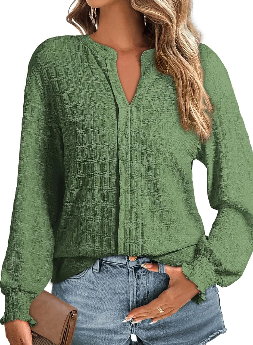 Bluzka Damska V-Neck Długi Rękaw Elegancka Casual Modna Zielona 2XL