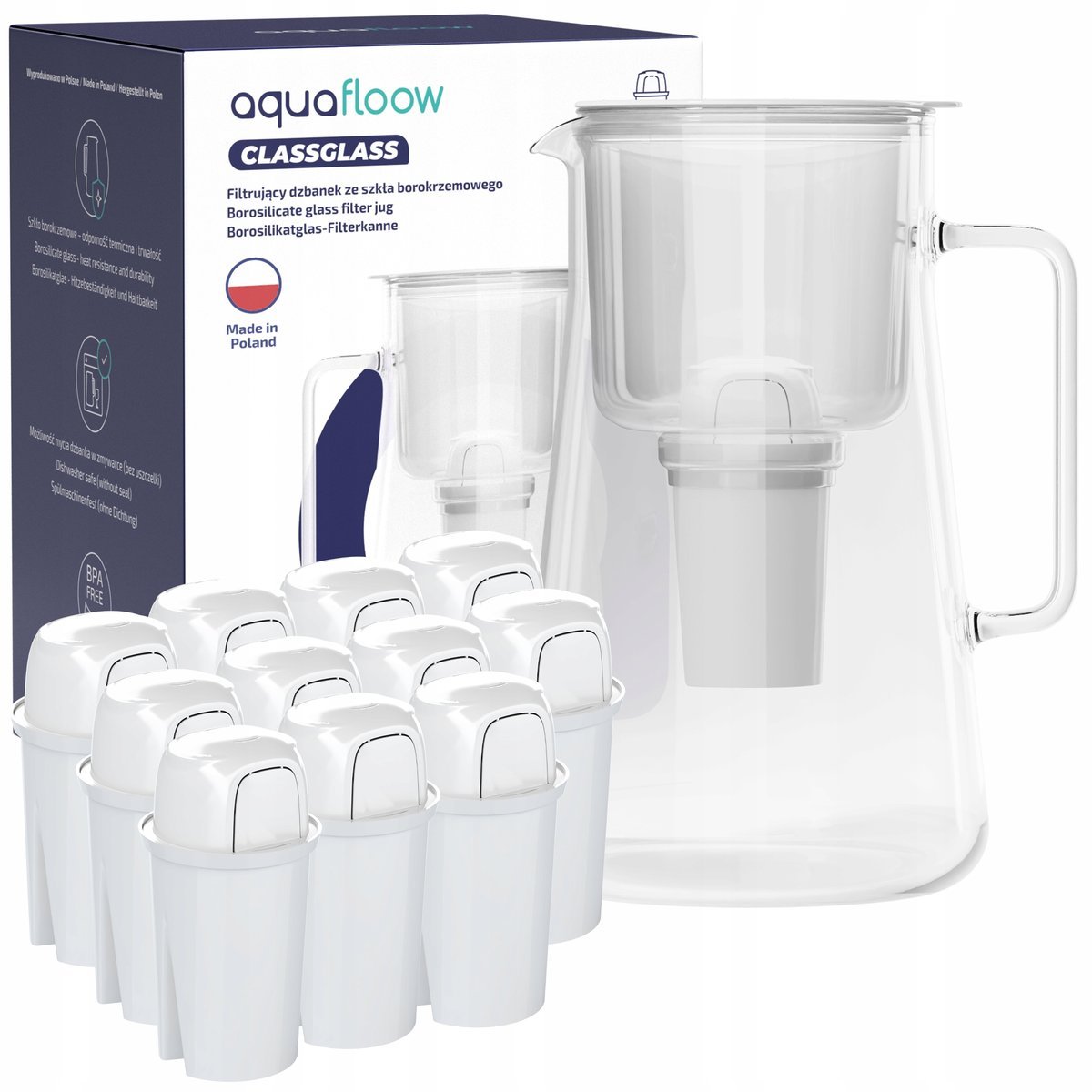Dzbanek filtrujący szklany AquaFloow ClassGlass 3l biały + 12x filtr wody