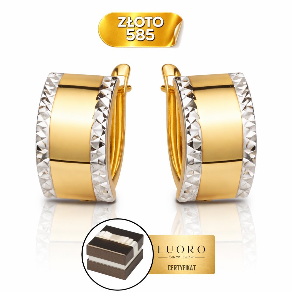KOLCZYKI ZŁOTE 585 14K PROSTOKĄT DWA KOLORY ZŁOTA DIAMENTOWANE 1,3 CM