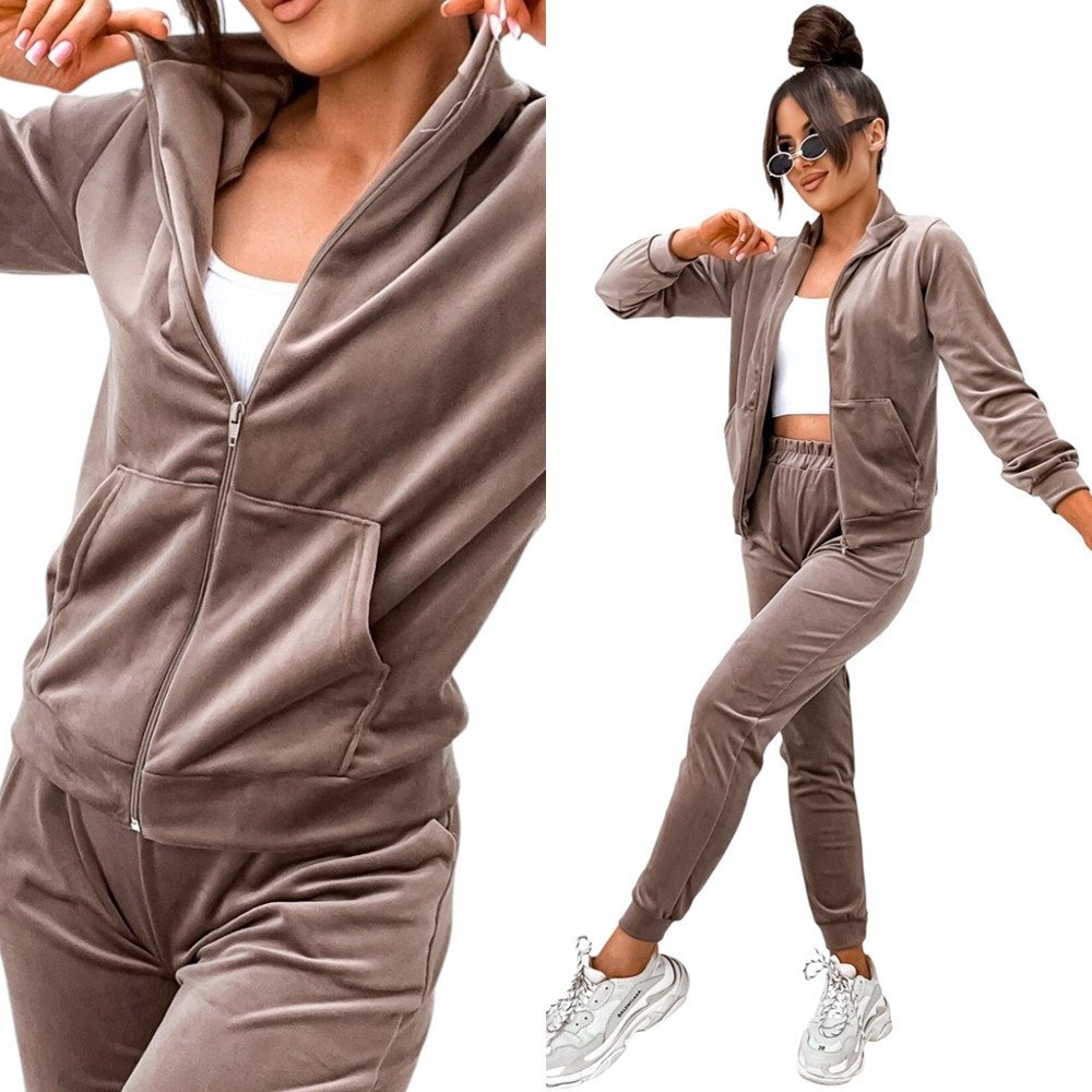 Damski Dres Komplet welurowy bez kaptura 771 [Kolor Beż, Rozmiar S/M]