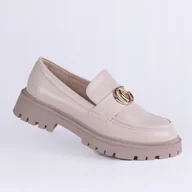 Mokasyny damskie - Mokasyny damskie skóra GD-FL6170 logo grubsza podeszwa traperek beż 39 - miniaturka - grafika 1