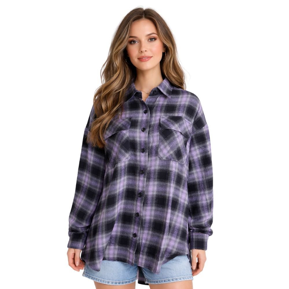 Koszula Damska w Kratę Włoska Fioletowa