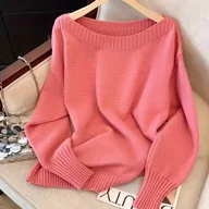 Swetry damskie - TEMU Sweter damski z eleganckim dekoltem typu boat neck - koralowy róż, luźny krój z ściągaczami na mankiety, średnia elastyczność, tylko pranie - miniaturka - grafika 1