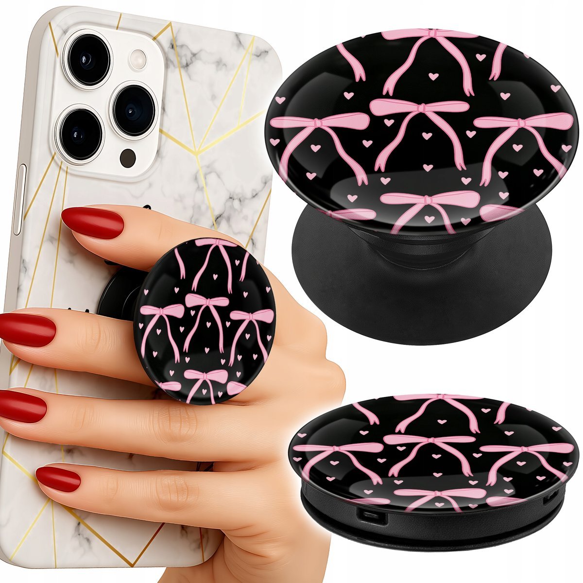 Uchwyt do telefonu Popsocket na palce/stojak CZARNO RÓŻOWE WSTĄŻKI KOKARDKI