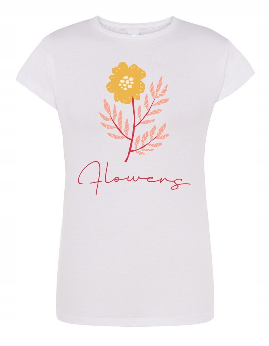 T-Shirt damski modny nadruk Flowers Kwiaty r.L