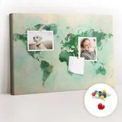 Tablice i flipcharty - Szkolna Tablica korkowa 60x40 cm, Kolorowe Pinezki, wzór Akwarela mapa świata - miniaturka - grafika 1