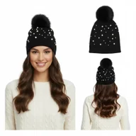 Czapki damskie - Ciepła czapka zimowa damska z pomponem i koralikami czarna Captain Mike - miniaturka - grafika 1