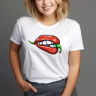 Koszulki i topy damskie - T-Shirt Koszulka biała z nadrukiem papryczki chili red rozmiar S - miniaturka - grafika 1