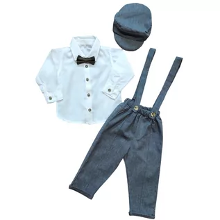 Krawaty i muchy męskie - Komplet chłopięcy garnitur 4cz koszula spodnie muszka czapka szary/khaki - grafika 1