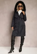 Kurtki damskie - Granatowa Kurtka Płaszcz ze Ściągaczem i Kapturem z Ozdobnym Futerkiem Livieya - miniaturka - grafika 1