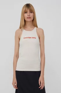 Koszulki i topy damskie - Calvin Klein Jeans Jeans top bawełniany kolor beżowy - grafika 1