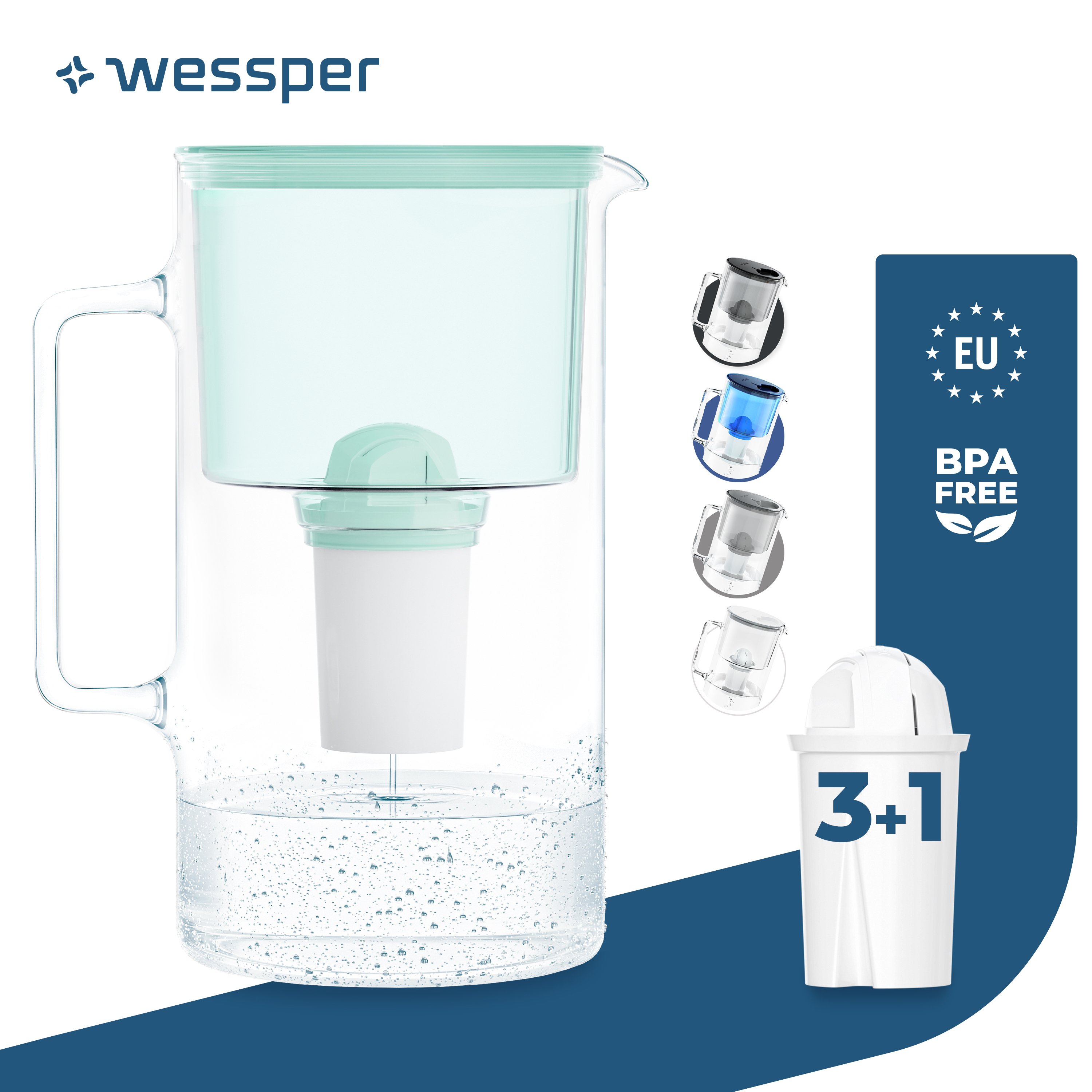 Dzbanek filtrujący wodę Wessper wykonany ze szkła 3 L Mint Kompatybilny z wkładami filtrującymi Brita Classic Zawiera 4 wkłady filtrujące wodę