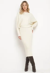 Beżowy Prążkowany Komplet z Wiskozą Góra o Kroju Nietoperza Spódnica z Gumką w Pasie Zortia - Komplety damskie - miniaturka - grafika 1