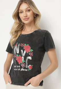 Czarny T-shirt z Bawełny Ozdobiony Napisami i Kwiatami Savierele - Koszulki i topy damskie - miniaturka - grafika 1