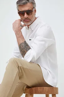 Lacoste koszula lniana kolor biały regular z kołnierzykiem button-down - Koszule męskie - miniaturka - grafika 1