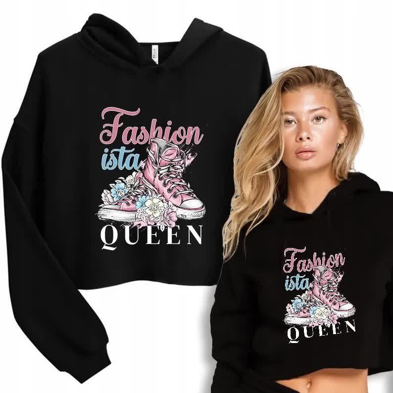 BLUZA CROPPED Z KAPTUREM Krótka Damska Czarna FASHIONISTA QUEEN Wzory - L