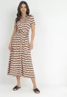 Sukienki - Beżowo-Bordowa Koszulowa Sukienka Maxi z Materiałowym Paskiem Rainora - grafika 1