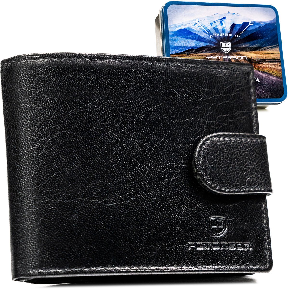 Portfel skórzany męski klasyczny elegancki RFID na prezent czarny PETERSON