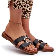 Klapki i japonki damskie - Płaskie Klapki Damskie Z Eko Skóry Sergio Leone SK077H Czarne - miniaturka - grafika 1