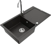 Zlewozmywaki z baterią - Mexen Leo zlewozmywak granitowy 1-komorowy z ociekaczem i baterią kuchenną Telma, czarny/złoty metalik - 6501-75-670200-00 - miniaturka - grafika 1