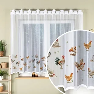 Gotowa firanka żakardowa z otworami na drążek, Kury, kolor biały z kolorowym nadrukiem, rozmiar: 260x160 cm - Firany - miniaturka - grafika 1