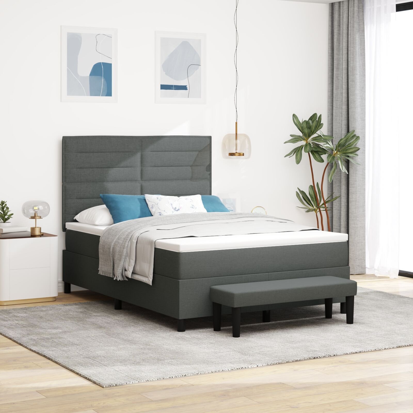 vidaXL Łóżko skrzyniowe z materacem i ławką ciemnoszare 160x200 cm tkanina