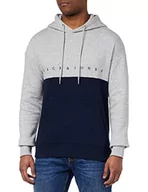 Bluzy męskie - Jack&JONES męska bluza z kapturem, jasny szary melanż/szczegóły: granatowy JJJ, L - miniaturka - grafika 1