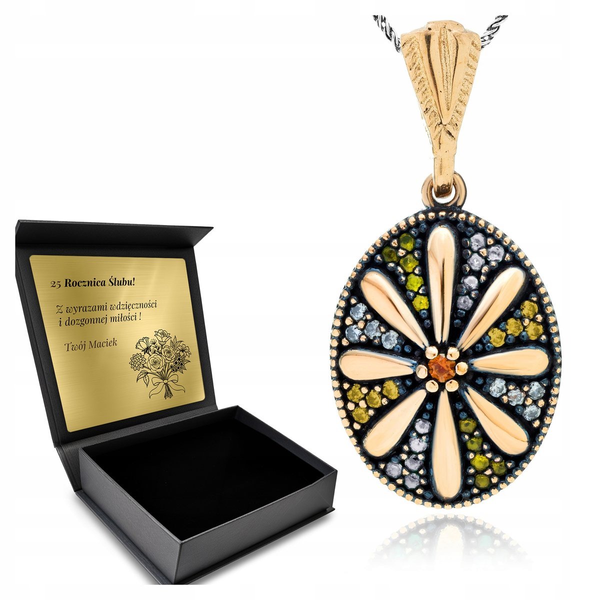 Naszyjnik Srebrny 925 Cyrkonie Kwiat Biżuteria Dla Kobiety + Grawer