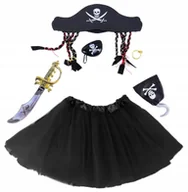 Dodatki do strojów karnawałowych - STRÓJ PIRATKA ZESTAW CZAPKA OPASKA SZABLA HAK KOLCZYK SPÓDNICZKA TUTU CZARN - miniaturka - grafika 1