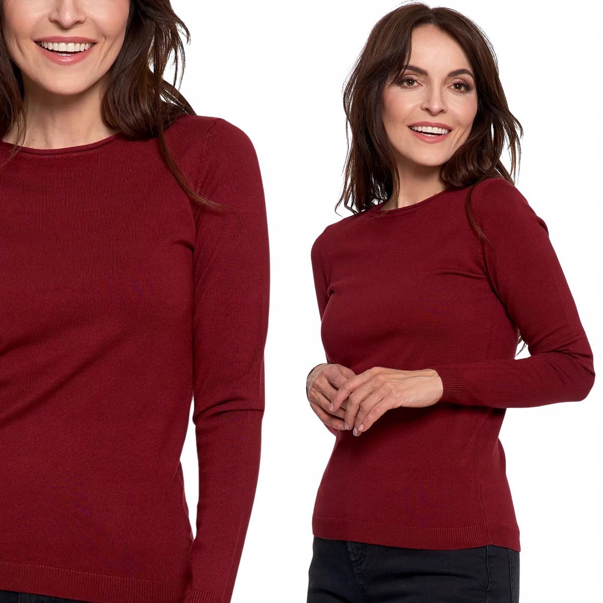 CIENKI GŁADKI I MIĘKKI SWETER DAMSKI Z WISKOZY Z DŁUGIM RĘKAWEM MORAJ S WINE RED