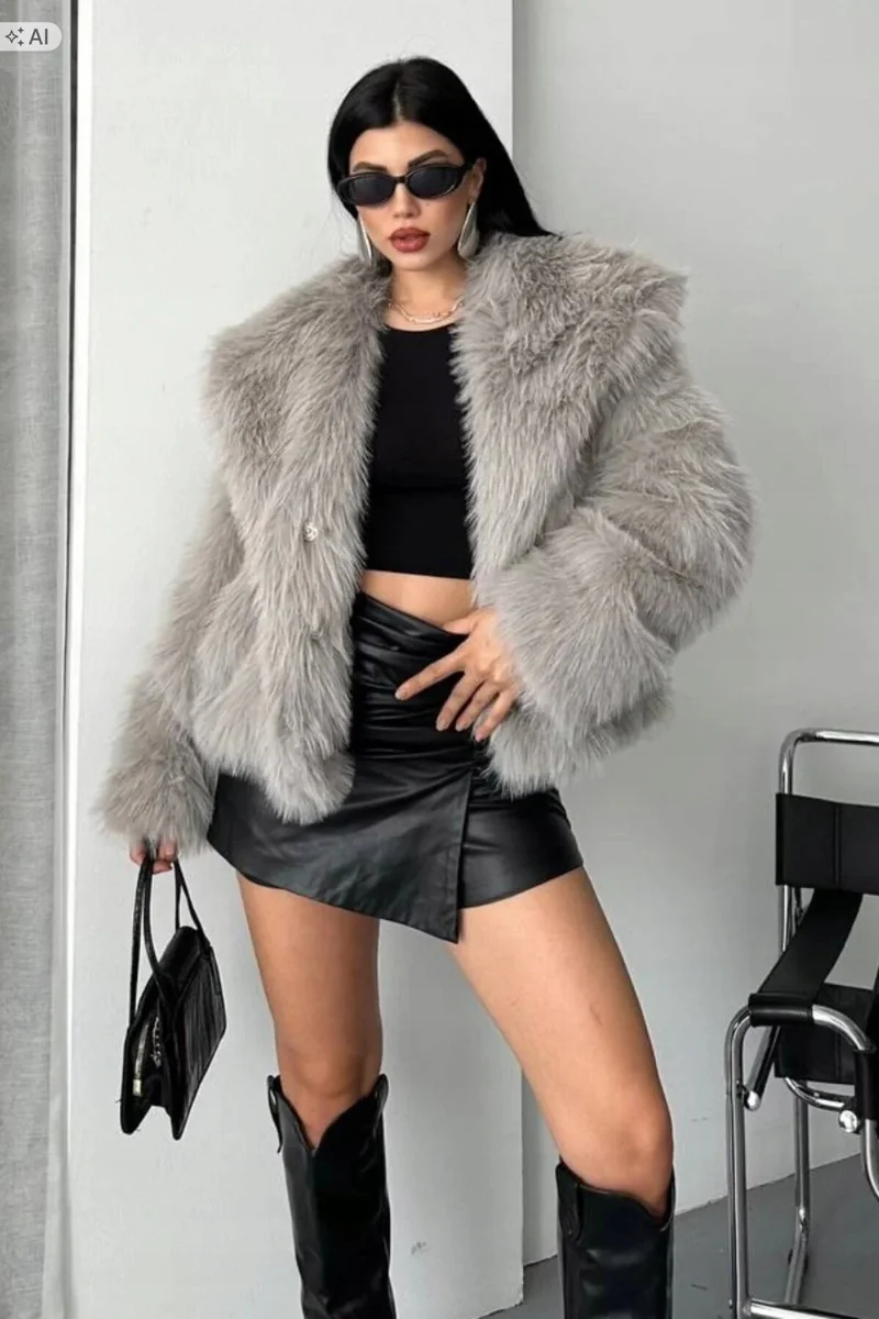 MIĘKKA SZARA FUTRZANA KURTKA DAMSKA W STYLU ELEGANCKIM 36 5IA