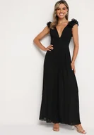 Kombinezony - Czarny Plisowany Kombinezon Koktajlowy Ozdobiony Falbanami z Szerokimi Nogawkami Frelfrea - miniaturka - grafika 1