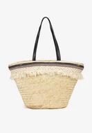Torebki damskie - Beżowa Torebka z Plecionej Słomy z Rączką i Frędzlami Dimaria - miniaturka - grafika 1