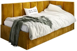 Łóżko młodzieżowe AURA 90x200 curry z tapicerowanym panelem L i pojemnikiem na pościel MKPOL - Łóżka dla dzieci i młodzieży - miniaturka - grafika 1