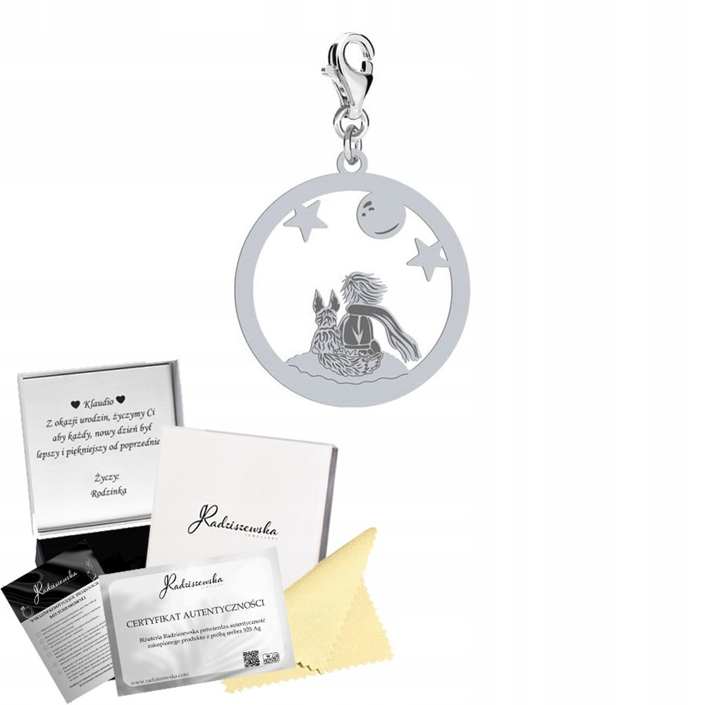 Charms Srebrny z Małym Księciem Prezent Kobieta ŻYCZENIA GRATIS