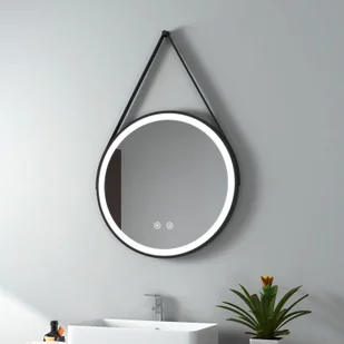 EMKE Lustro łazienkowe LED okrągłe o średnicy 60 cm Lustro łazienkowe LED z oświetleniem zimna biel podświetlane lustro ścienne z powłoką przeciwmgielną i włącznikiem dotykowym IP44 energooszczędne (czarny design) - Lustra - miniaturka - grafika 1