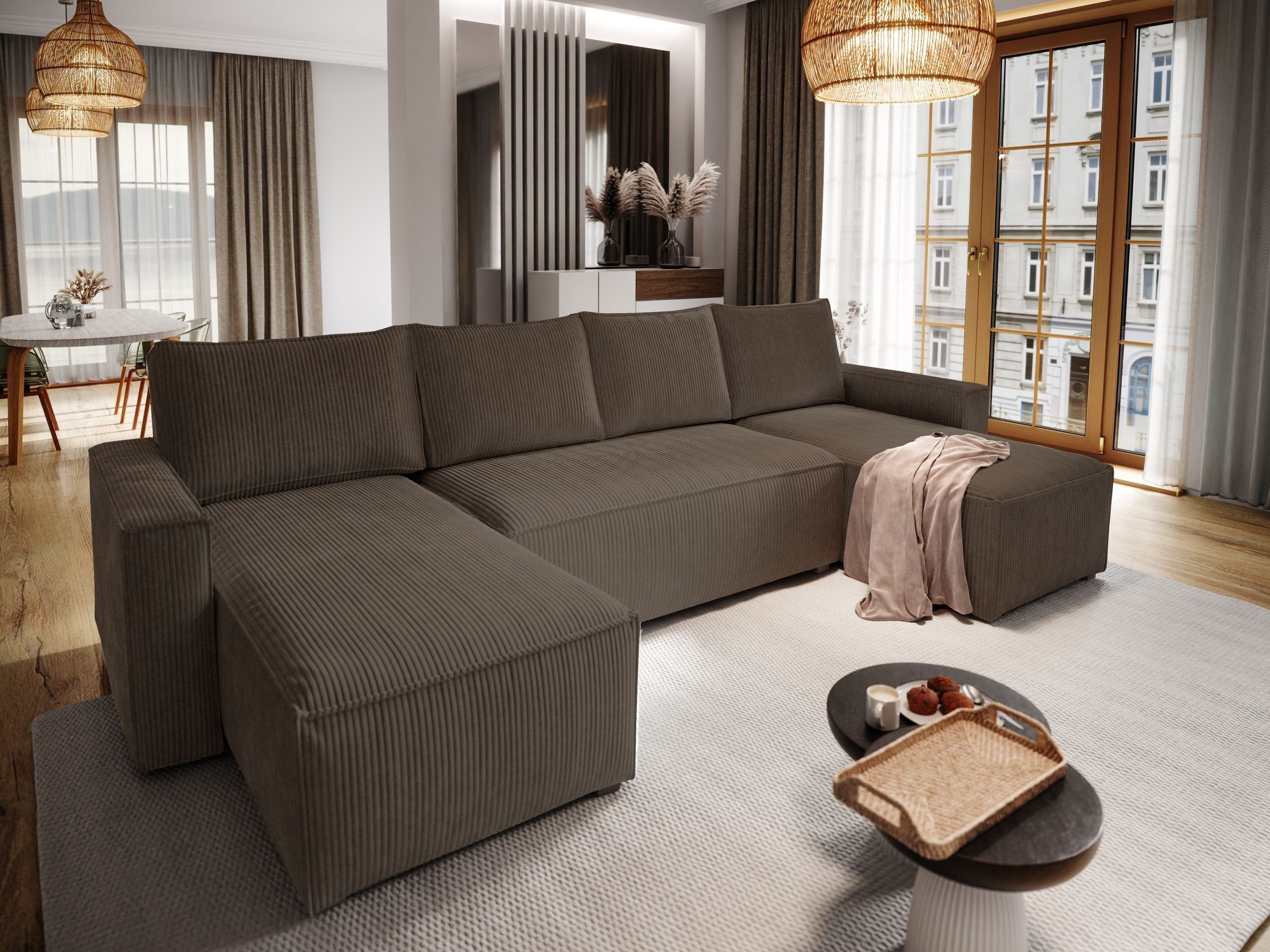 Masseno Narożnik ASPRA z funkcją spania i pojemnikiem na pościel Kształt U, Rozkładana sofa, Rogówka - Brązowy, POSO 06